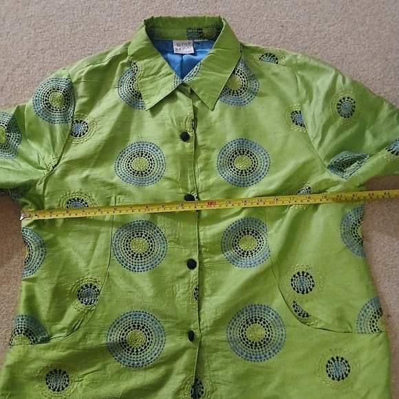 BLEU BAYOU Large Lime Green Silk Blazer Long Sleeves Circular Pattern FL - Picture 7 of 7